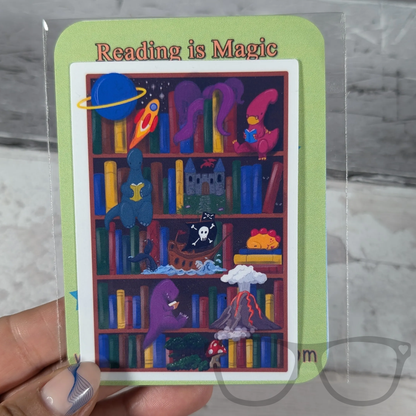 Dinosaurs reading vinyl sticker in eco-friendly packaging