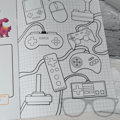 Retro Video Game Adventures Zine - Issue 8: Derek & Irene's Dinosaur Fun, Colouring, Puzzles & Pixelated Character Creation - Mini Geek Boutique