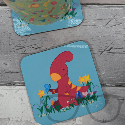 "Springtime Serenity" Hardwood Square Coaster | 9cm | Featuring Irene the Parasaurolophus in a Flower Field - Mini Geek Boutique