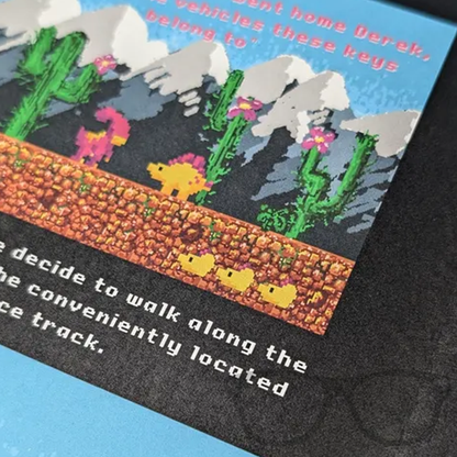 Close-up of a story page from The Adventures of Derek and Irene Issue 8 zine, showcasing vibrant illustrations and fun text