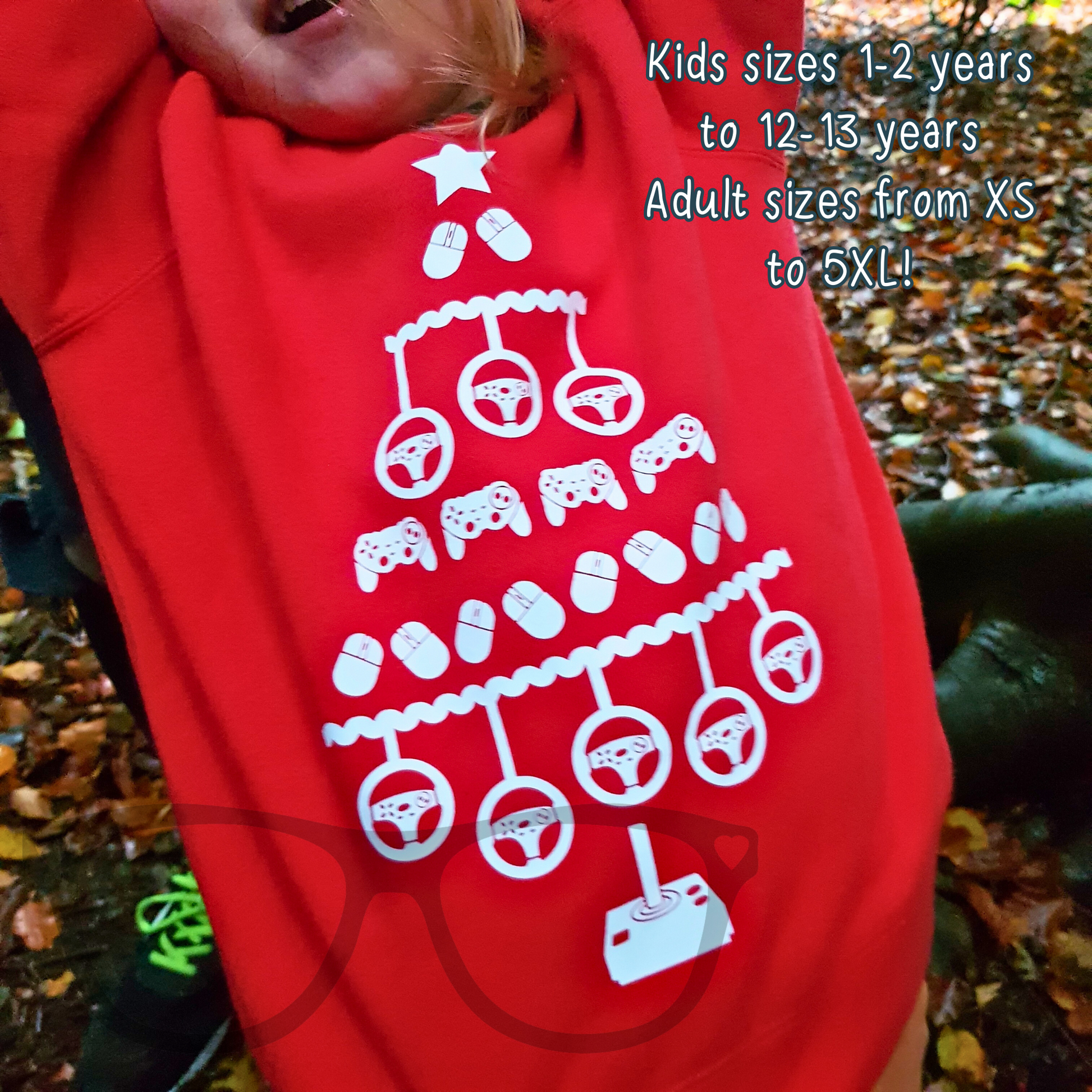 Video gaming christmas ugly sweater for kids and adults. red snuggly sweater with white heat pressed vinyl design. Text reads "Kids sizes 1-2 years adults sizes XS to 5XL!"