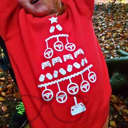 Video gaming christmas ugly sweater for kids and adults. red snuggly sweater with white heat pressed vinyl design