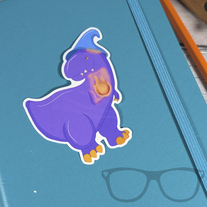 die cut vinyl sticker of a dinosaur wizard