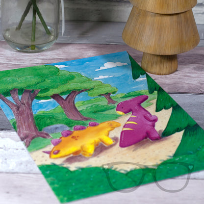 A4-sized dinosaur print with Derek and Irene, the whimsical dinosaurs, walking along a woodland path, designed using vibrant watercolours.