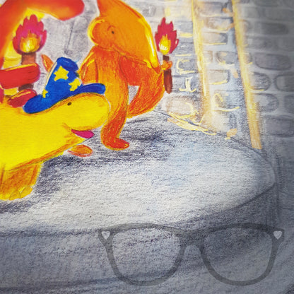 Close-up of Dungeons & Dragons fantasy print showing Derek and friends in a role-playing adventure.