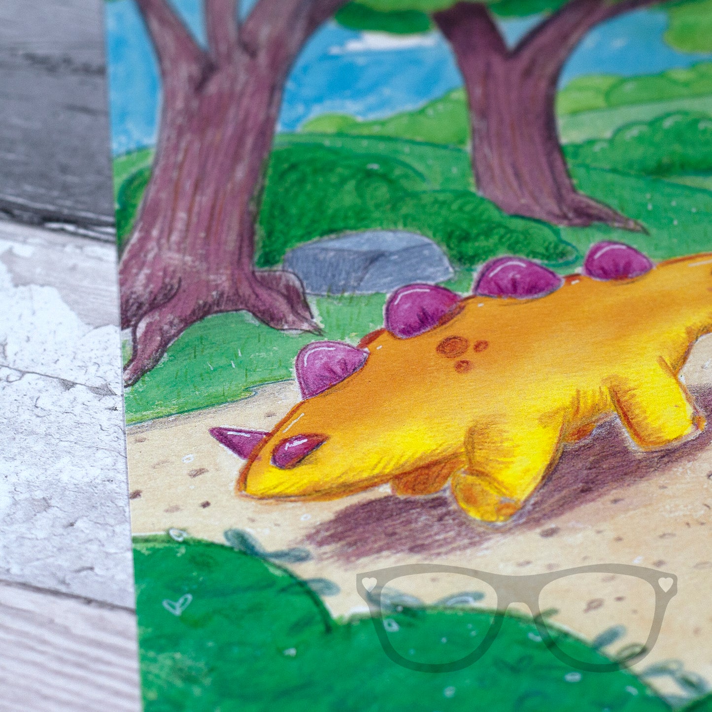 Close-up of dinosaur art print featuring Derek and Irene on their woodland adventure, perfect for decorating nurseries, bedrooms, or office spaces.
