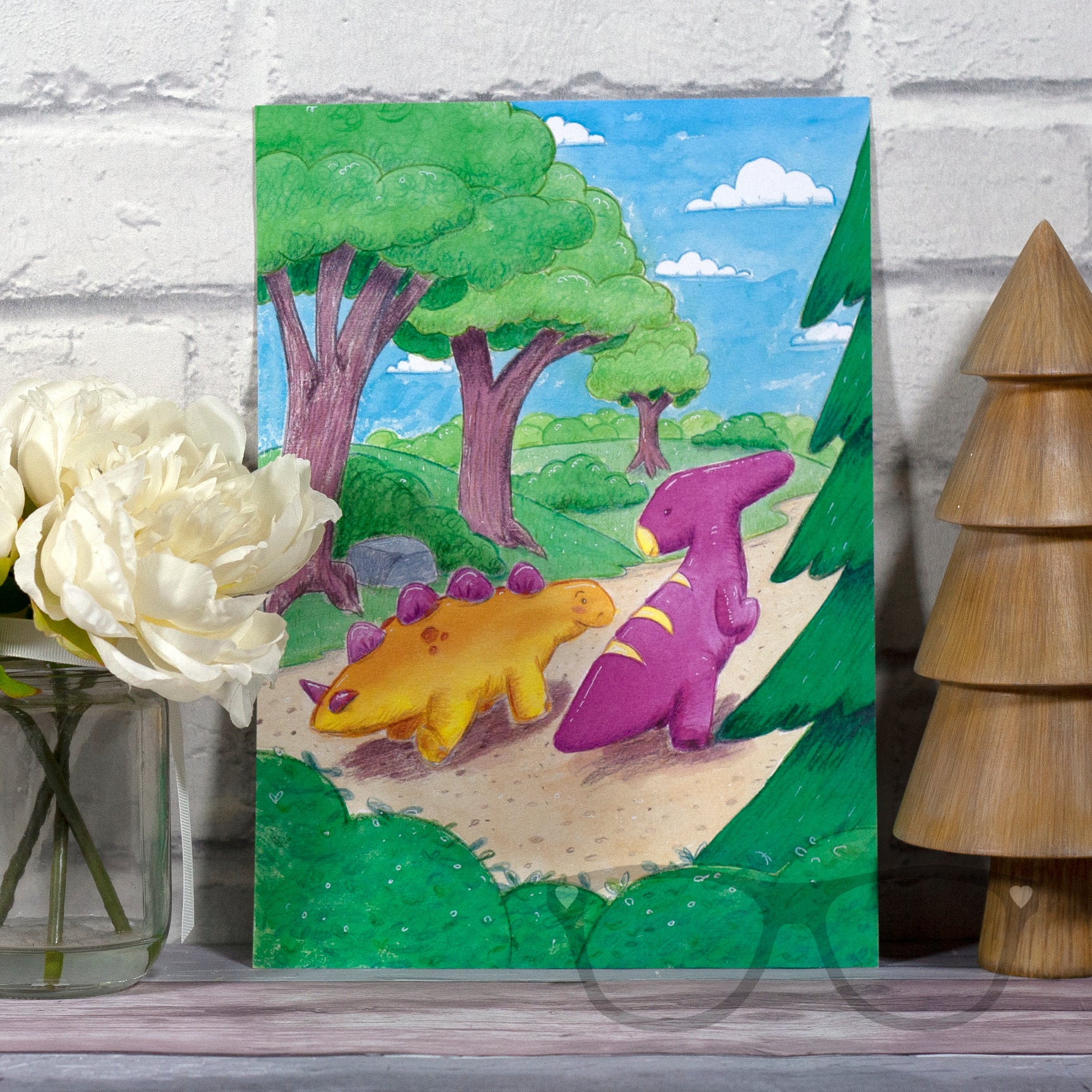 Dinosaur art print of Derek and Irene, signed by the artist, featuring a woodland path and colourful watercolour artwork.