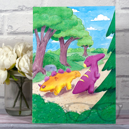 Dinosaur art print featuring Derek and Irene walking on a woodland path, created with watercolour inks and coloured pencils. 