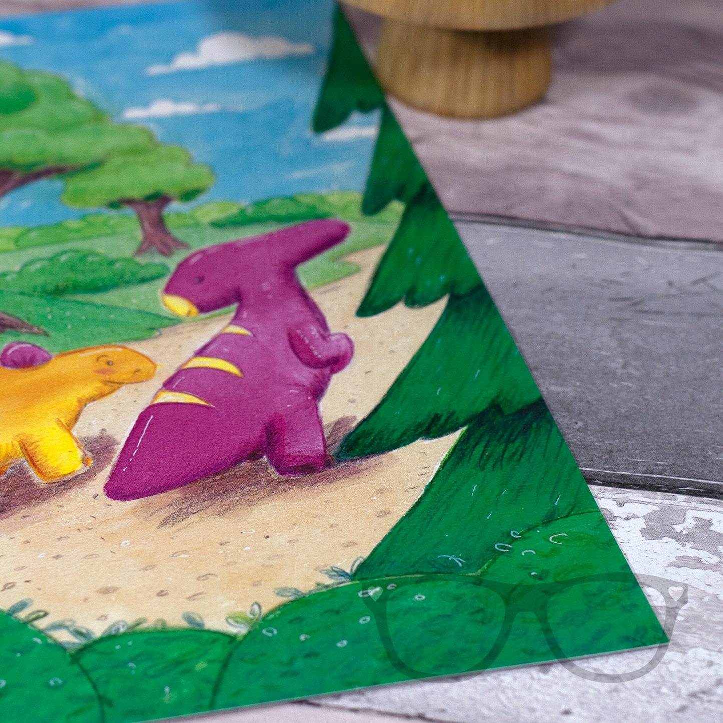Close-up of dinosaur art print showing Derek and Irene on their woodland adventure, ideal for nursery or office décor.