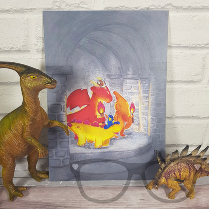 Fantasy tabletop game print featuring Derek and friends playing Dungeons & Dragons, with vibrant watercolour artwork.