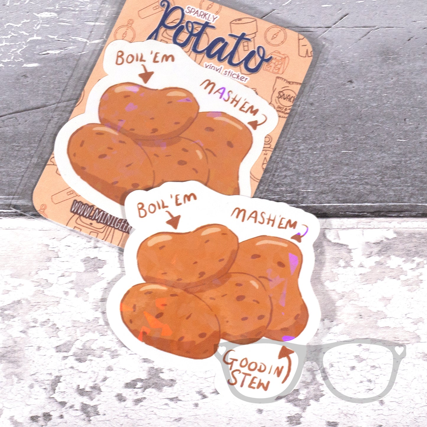 potato sticker with crackled glass sparkle overlay