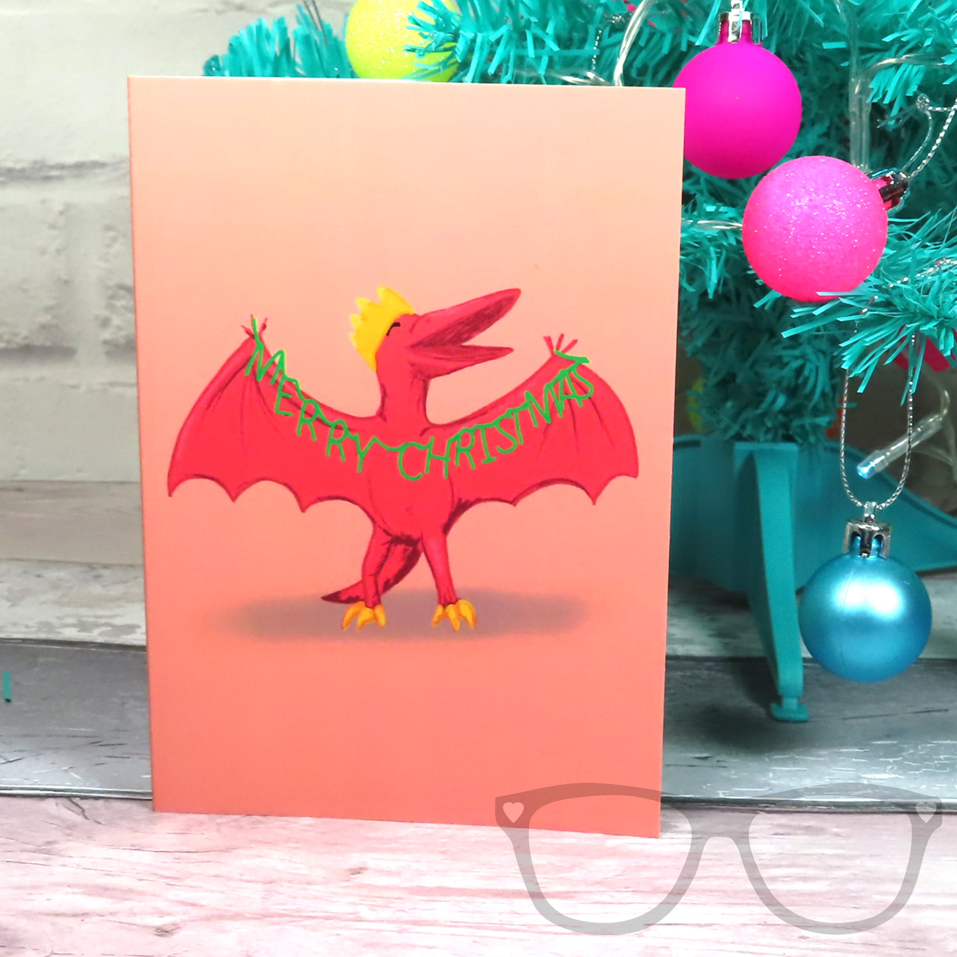 Christmas Dinosaur Card featuring Pterry the Pteranodon. 