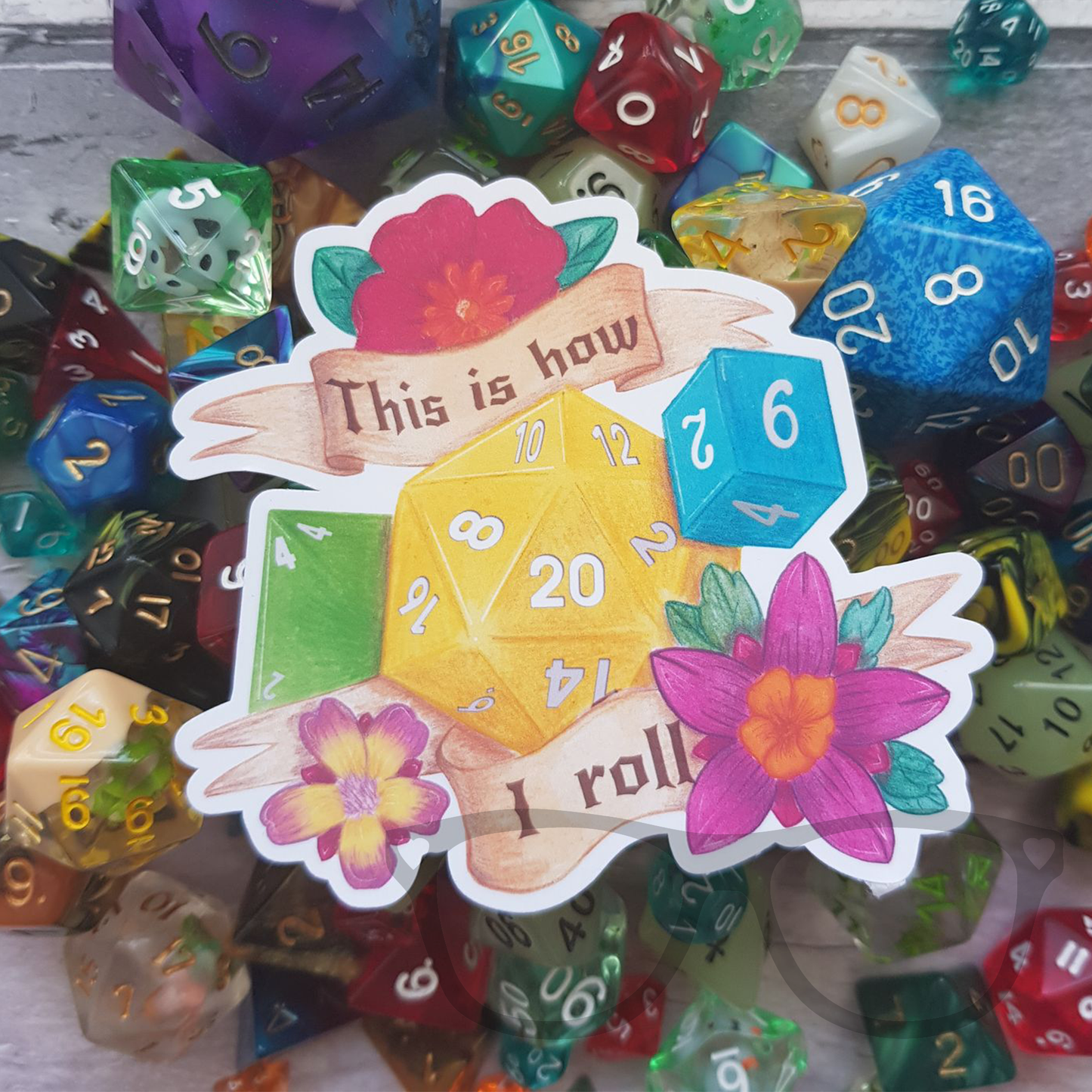 This is how I roll glossy vinyl sticker. Three different types of dice all rolling high surrounded by text that says "This is how I roll". 