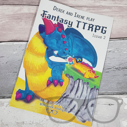 Another angle of the front cover of Adventures of Derek and Irene Issue 2 zine, showcasing Derek and Irene in a fun, fantasy tabletop game-themed illustration.