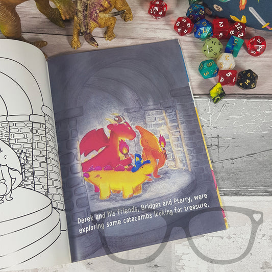 Open zine showing the story page with colourful illustrations of Derek and Irene playing a fantasy tabletop game. The page features engaging adventure scenes.