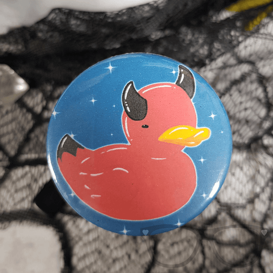 Beelzeduck Halloween 58mm Badge - Devil Duck with Teal Sparkles - Mini Geek Boutique