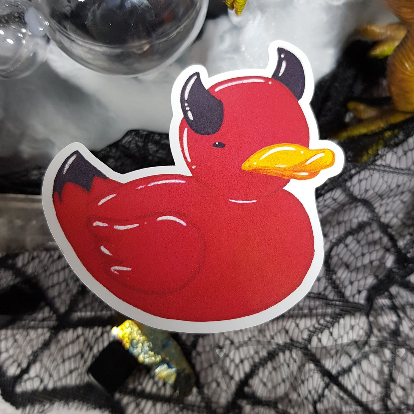 Beelzeduck red rubber ducky with devil horns vinyl sticker.