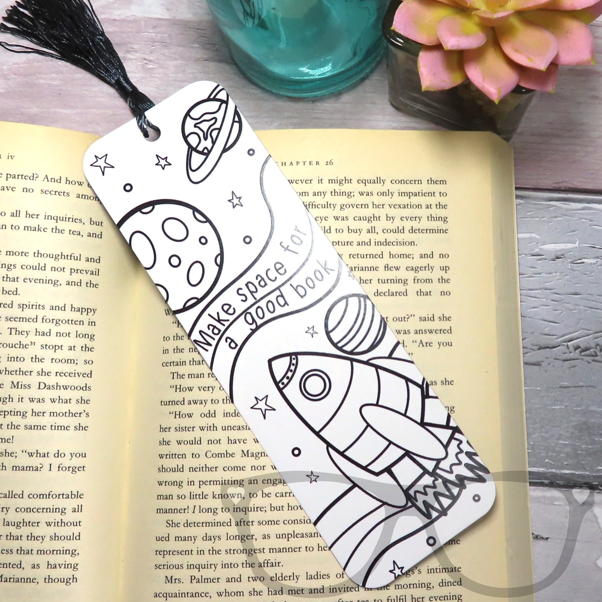 Colour in your own space bookmark with tassel 