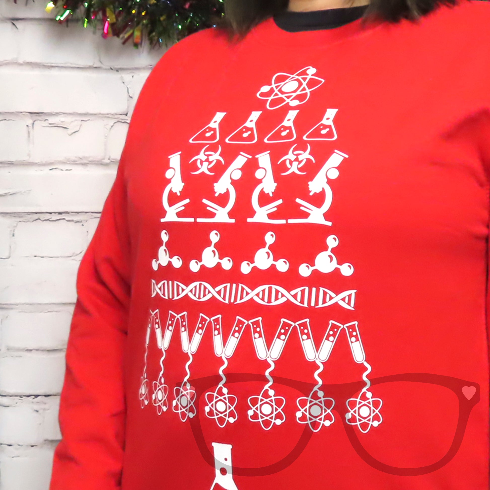 Science sweater, white design on fire red sweater great for the festive period