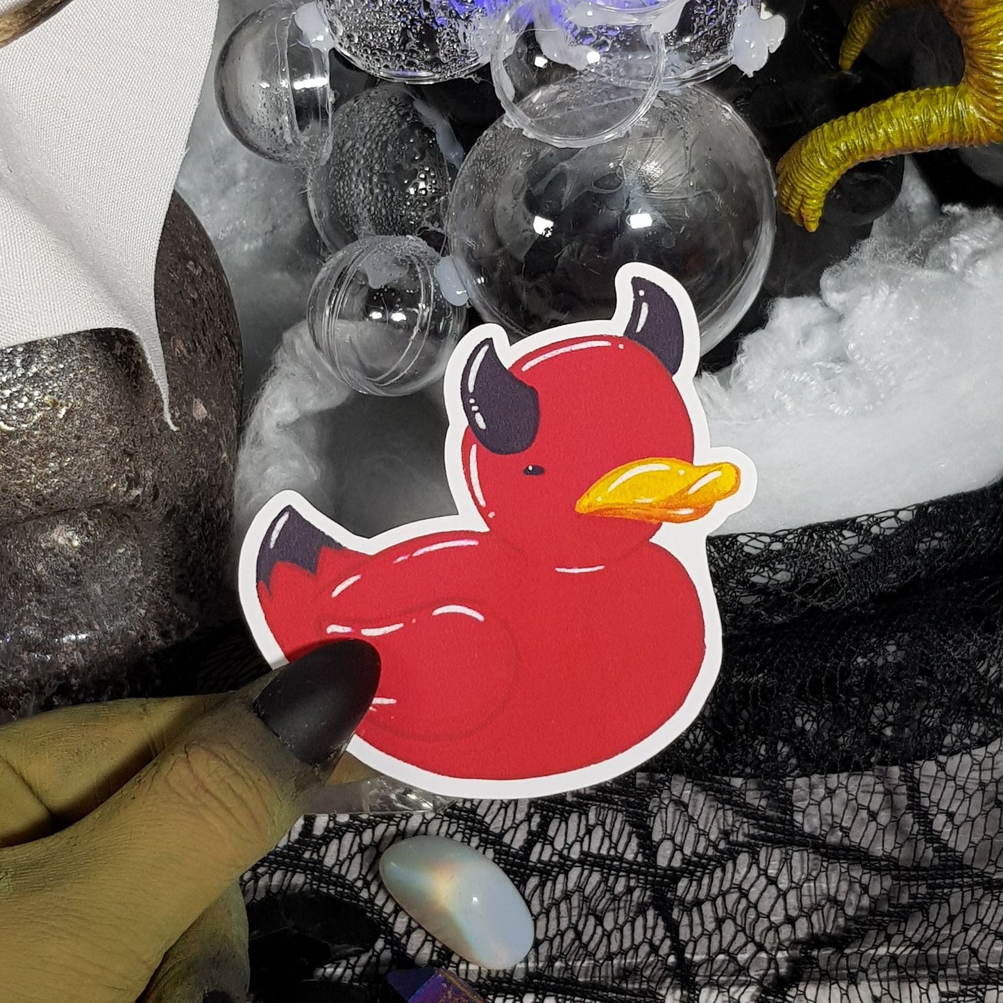 Rubber ducky called Beelzeduck vinyl sticker. Great for trick or treat and Halloween