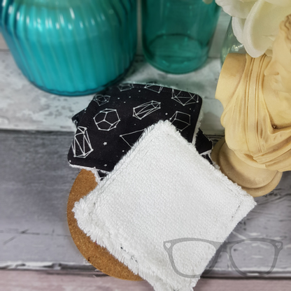 Square reusable face wipes ideal for removing make up showing the cotton towelling side which is soft and absorbent.