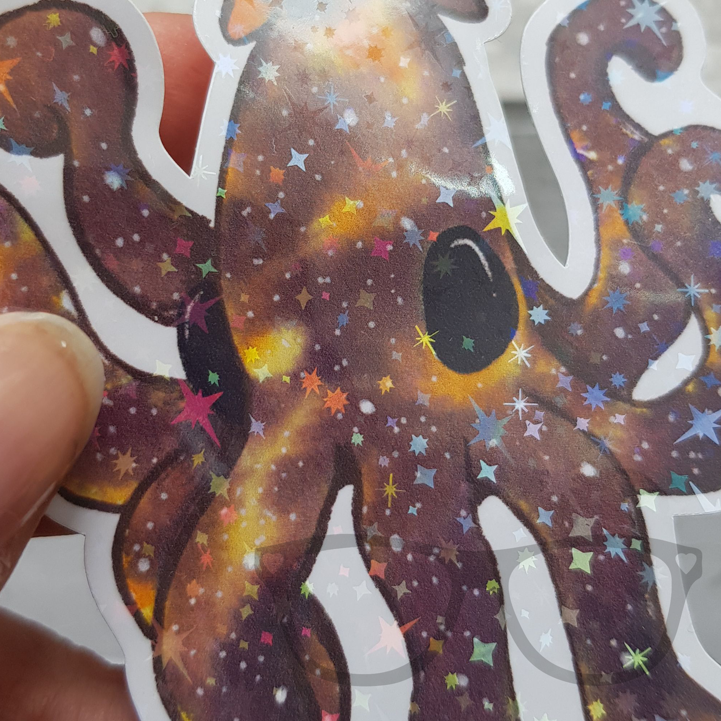 Close up of the octopus vinyl sticker showing off the star sparkles