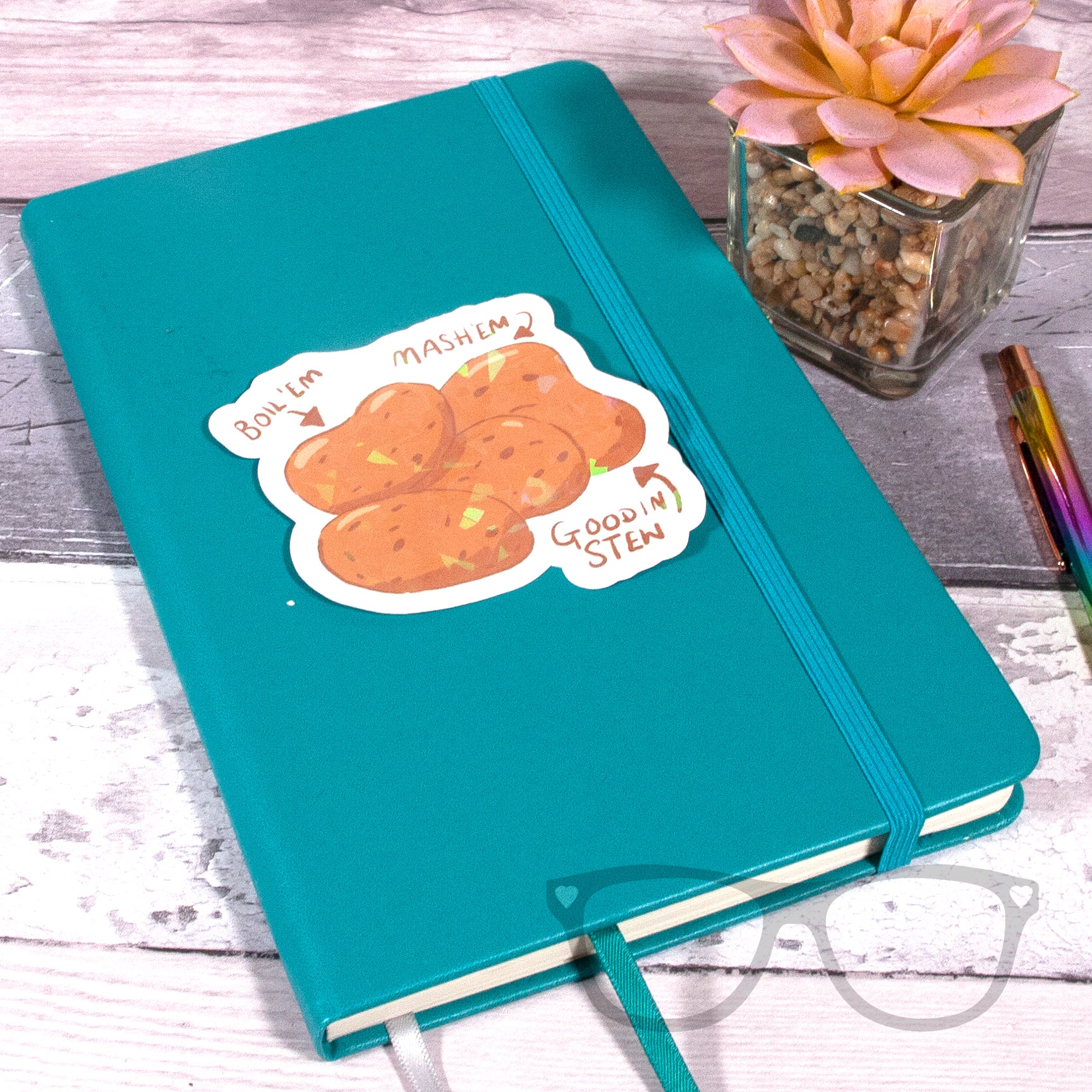 potato sticker with crackled glass sparkle overlay on notebook