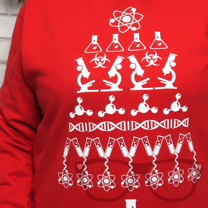 Science, biology, chemistry, physics ugly christmas sweater, white design on fire red sweater