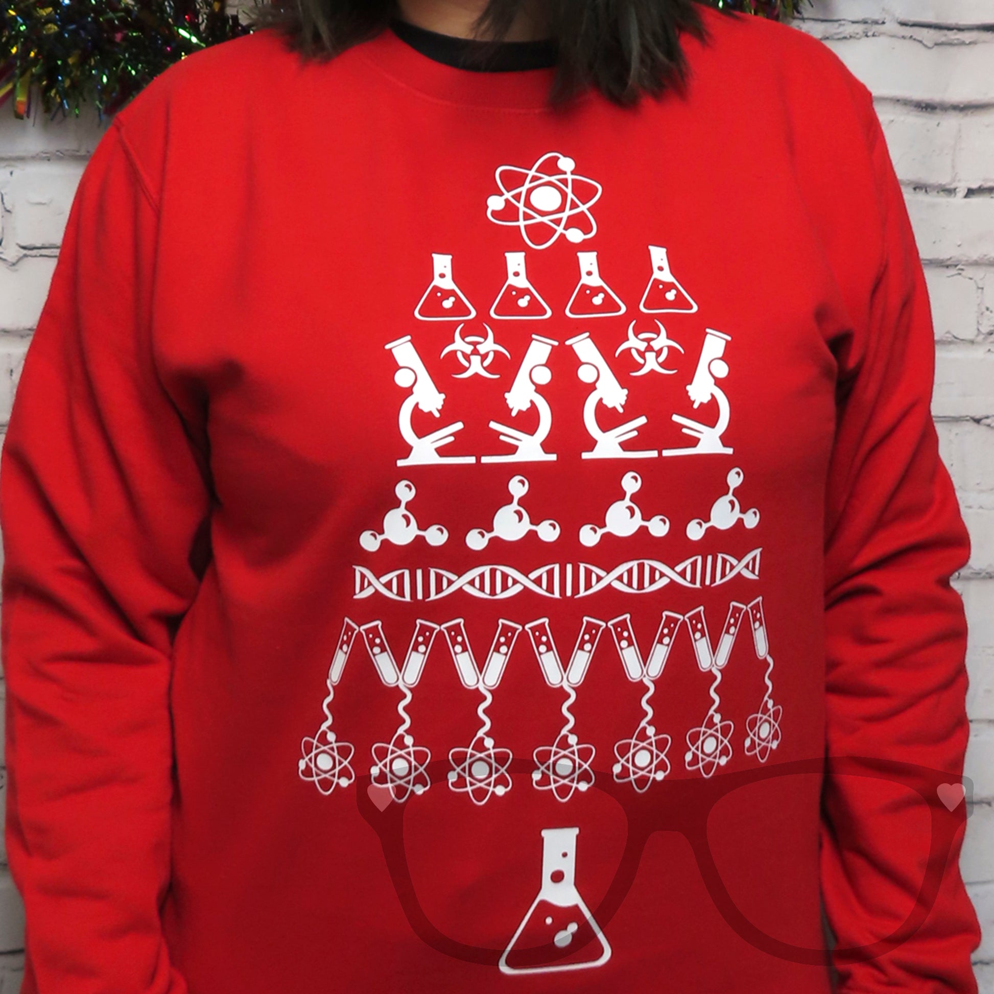Science Christmas Sweater, white design on a fire red sweater