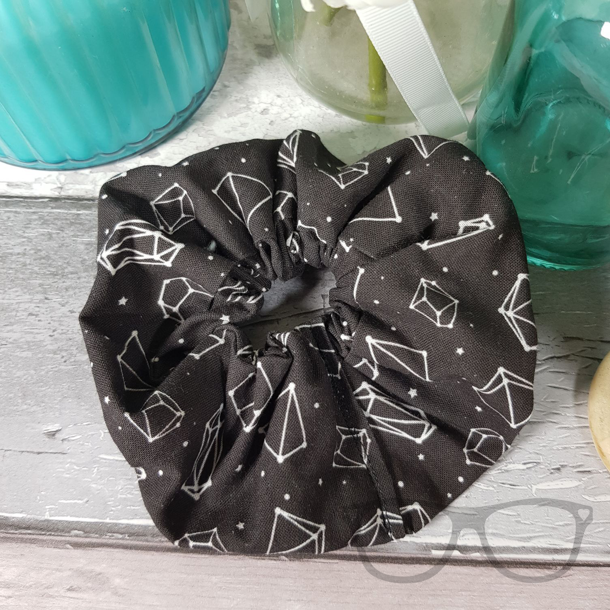 Hair Scrunchie for geeks, black hair scrunchie with white Dice constellation design. Made in house,