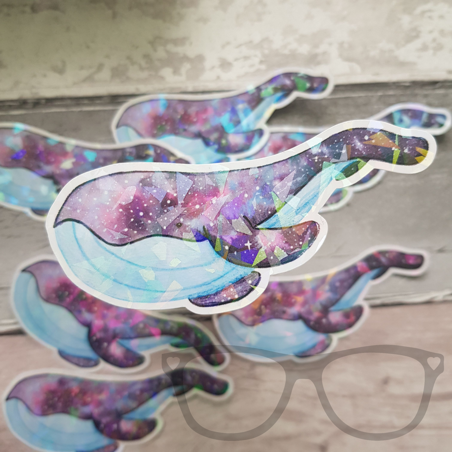 Space Whale vinyl sticker with sparkly overlay