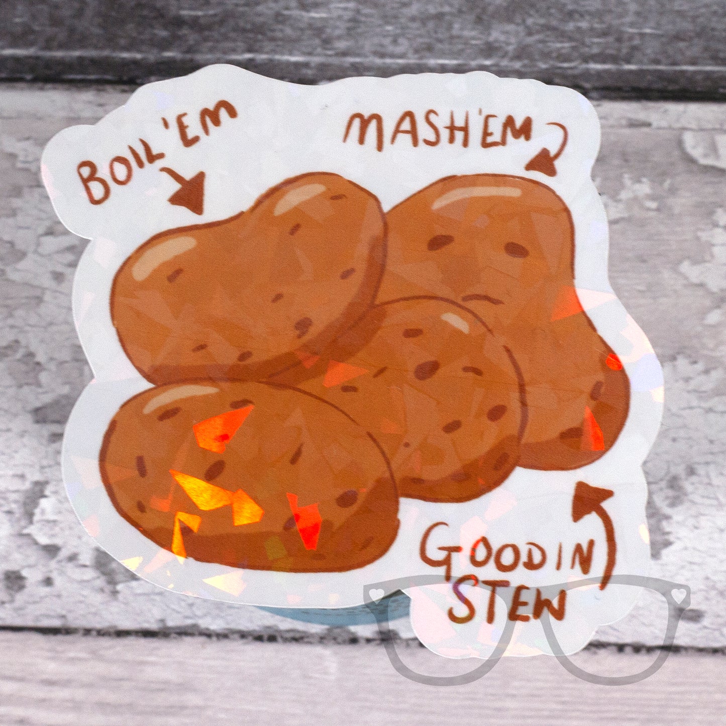 potato sticker with crackled glass sparkle overlay