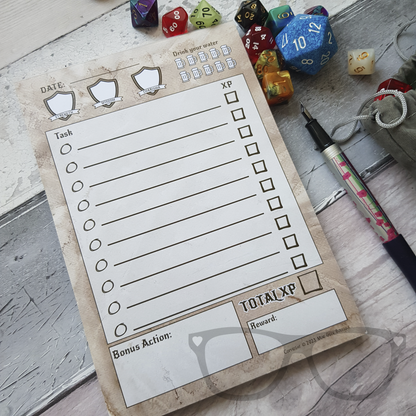 A5 notepad with a to do list, drinks tracker and fun RPG twist