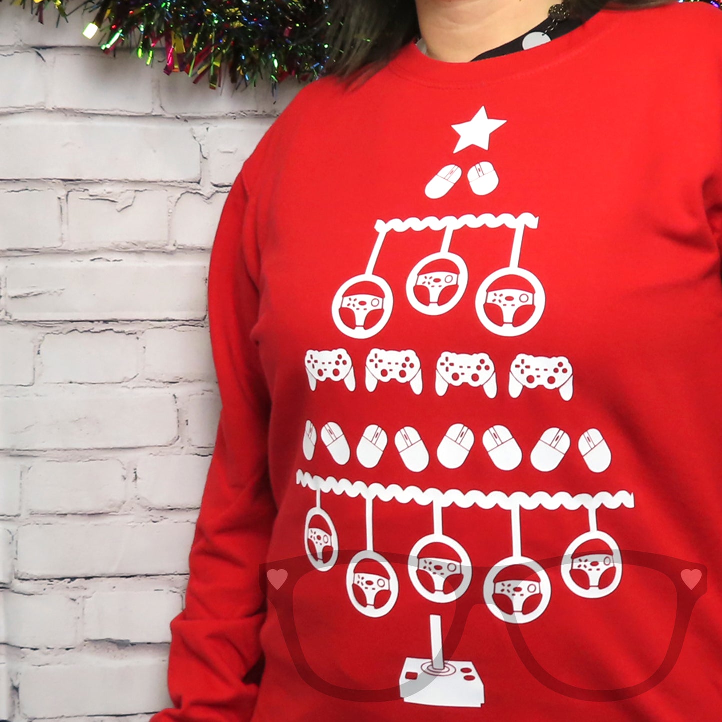 Video game Christmas festive ugly sweater, fire red sweater with a white design, a great Christmas gift for video gamers