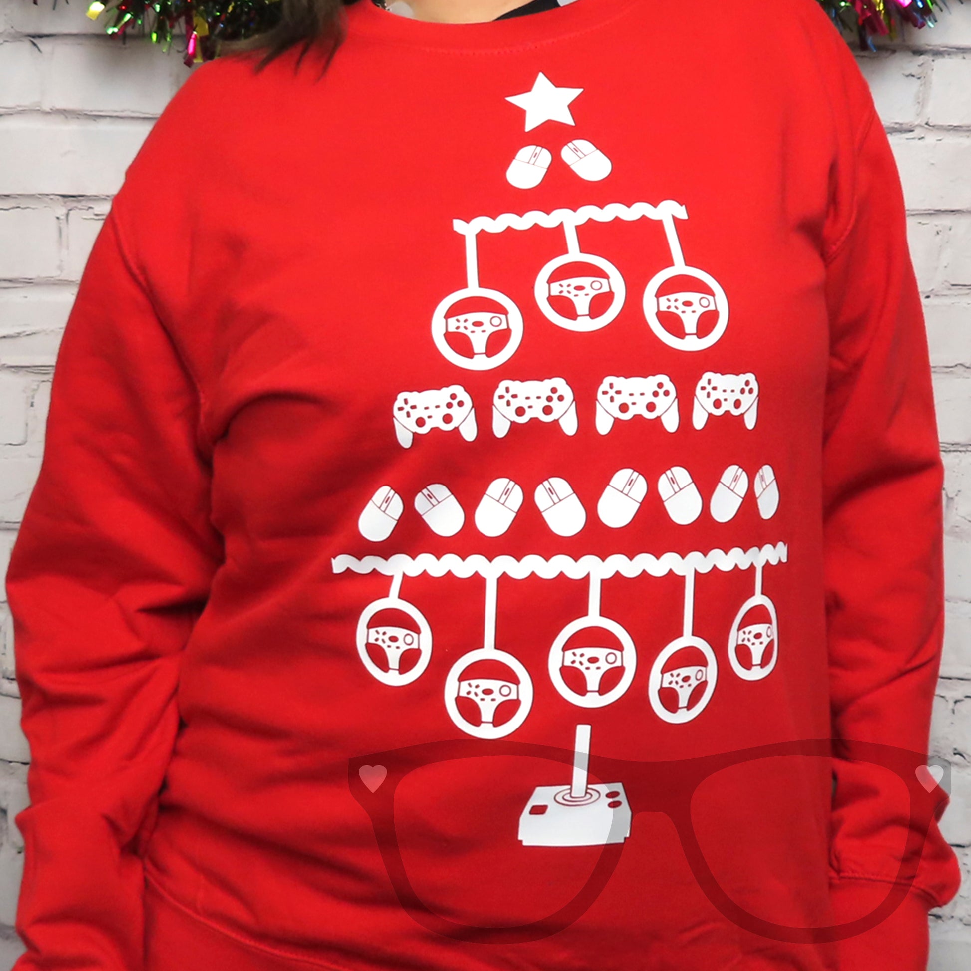 Fire red Video Gaming Sweater ideal for christmas festive period, features a white vinyl design of games controlelrs