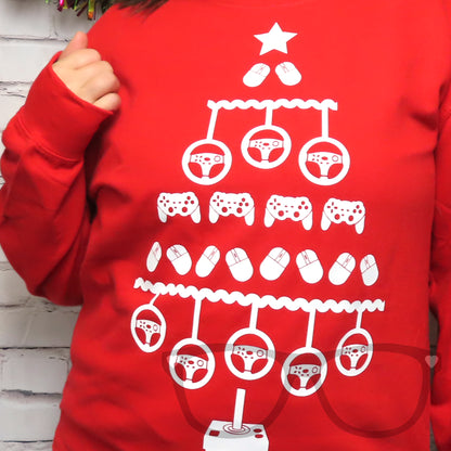 Video Gaming Christmas Sweater, white design on a fire red sweater available for kids and adults to size 5xl